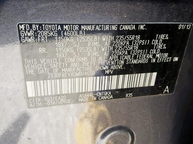 2T3DFREVXDW004650 - 2013 TOYOTA RAV4 LIMIT GRAY photo 10