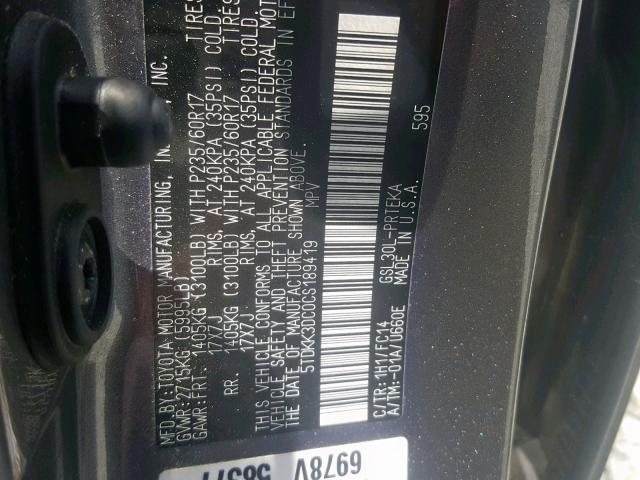 5TDKK3DC0CS189419 - 2012 TOYOTA SIENNA LE GRAY photo 10