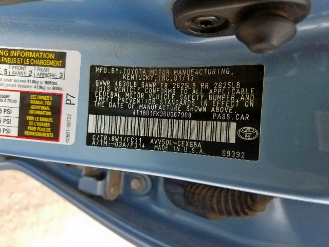 4T1BD1FK3DU067908 - 2013 TOYOTA CAMRY HYBR BLUE photo 10