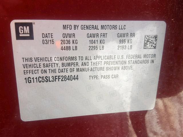 1G11C5SL3FF284044 - 2015 CHEVROLET MALIBU 1LT 红色 照片 10