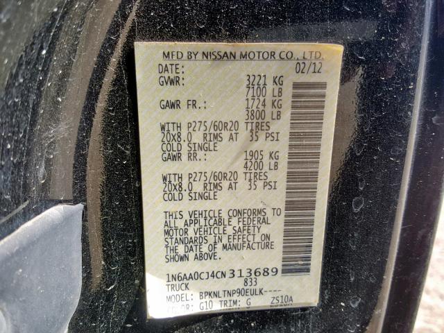 1N6AA0CJ4CN313689 - 2012 NISSAN TITAN S BLACK photo 10