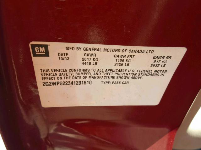 2G2WP522341231510 - 2004 PONTIAC GRAND PRIX MAROON photo 10