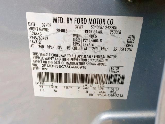 2FMDK38C78BA66918 - 2008 FORD EDGE SEL BLUE photo 10