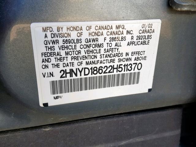 2HNYD18622H511370 - 2002 ACURA MDX TOURIN SILVER photo 10