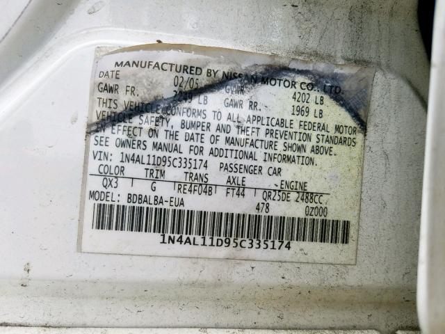 1N4AL11D95C335174 - 2005 NISSAN ALTIMA S WHITE photo 10