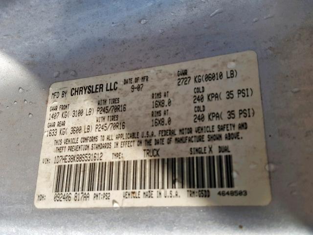 1D7HE38K88S531612 - 2008 DODGE DAKOTA SXT SILVER photo 10