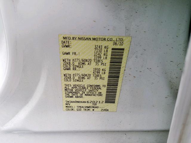 5N1BA0NDXAN620212 - 2010 NISSAN ARMADA SE WHITE photo 10