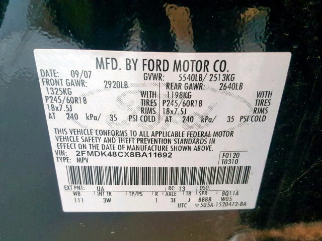 2FMDK48CX8BA11692 - 2008 FORD EDGE SEL BLACK photo 10