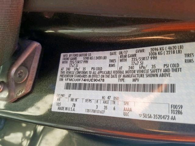 1FMCU0F74HUE90478 - 2017 FORD ESCAPE S GRAY photo 10