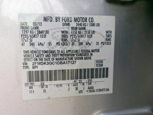 2FMDK3GC1DBA17127 - 2013 FORD EDGE SE GRAY photo 10