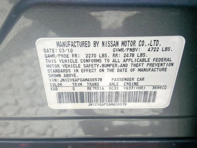 JN1CV6AP0AM406578 - 2010 INFINITI G37 BASE GRAY photo 10