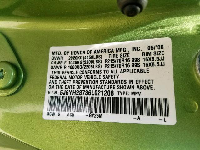 5J6YH28736L021208 - 2006 HONDA ELEMENT EX GREEN photo 10