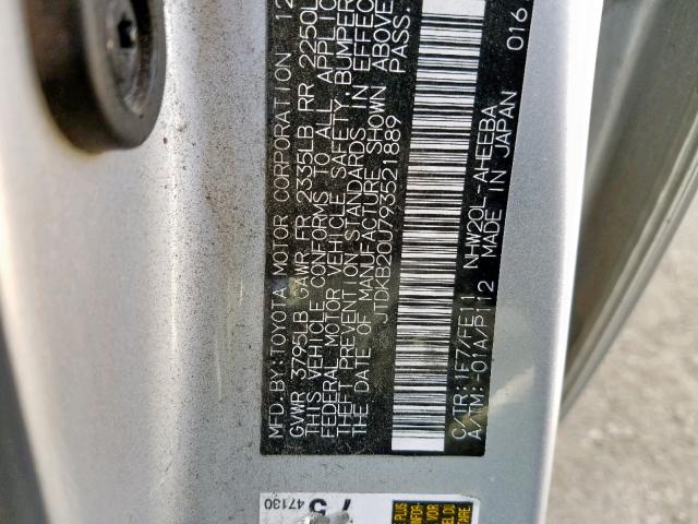 JTDKB20U793521889 - 2009 TOYOTA PRIUS SILVER photo 10