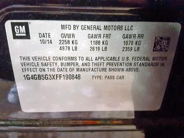 1G4GB5G3XFF190848 - 2015 BUICK LACROSSE BLACK photo 10