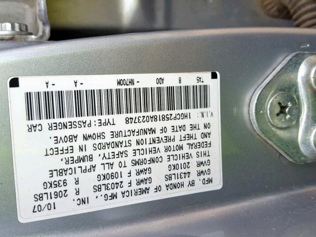 1HGCP25818A023748 - 2008 HONDA ACCORD EXL SILVER photo 10