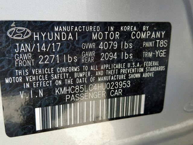 KMHC85LC4HU023953 - 2017 HYUNDAI IONIQ LIMI SILVER photo 10