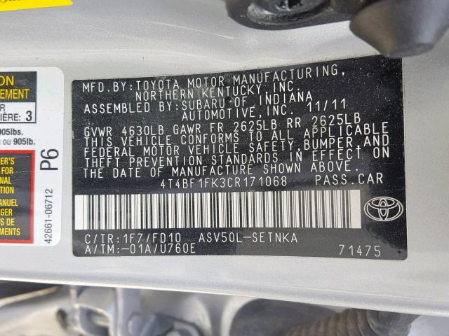 4T4BF1FK3CR171068 - 2012 TOYOTA CAMRY BASE TAN photo 10