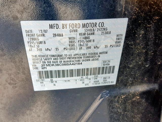 2FMDK38C08BA42184 - 2008 FORD EDGE SEL BLACK photo 10