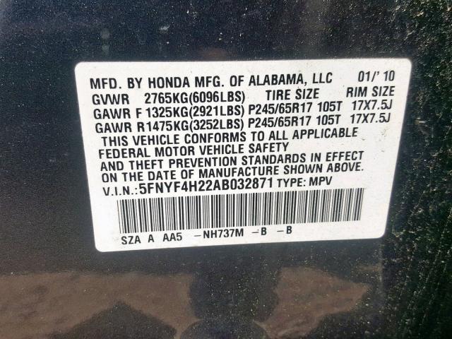 5FNYF4H22AB032871 - 2010 HONDA PILOT LX GRAY photo 10