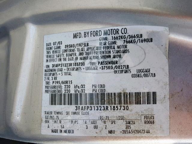 3FAFP31323R185730 - 2003 FORD FOCUS ZX3 SILVER photo 10