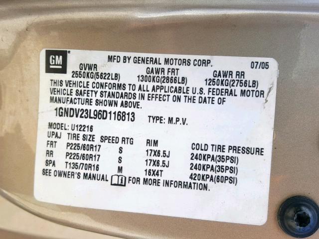 1GNDV23L96D116813 - 2006 CHEVROLET UPLANDER L 金色 照片 10