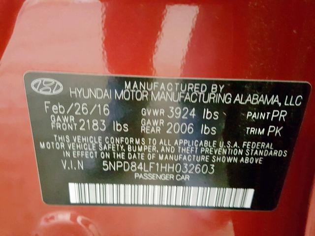 5NPD84LF1HH032603 - 2017 HYUNDAI ELANTRA RED photo 10