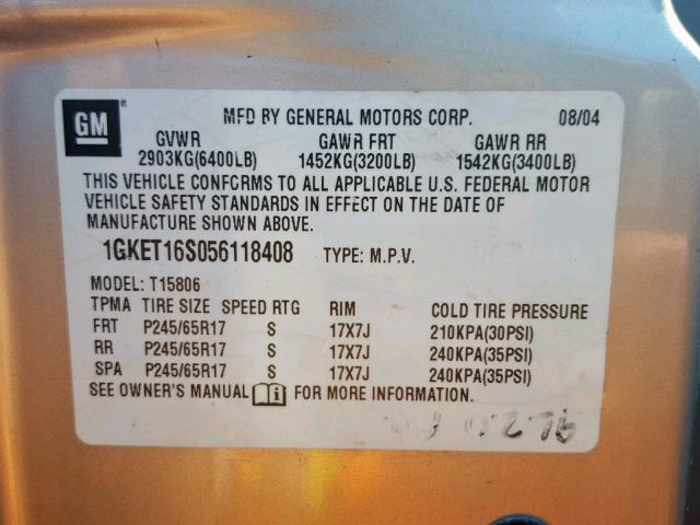 1GKET16S056118408 - 2005 GMC ENVOY XL SILVER photo 10