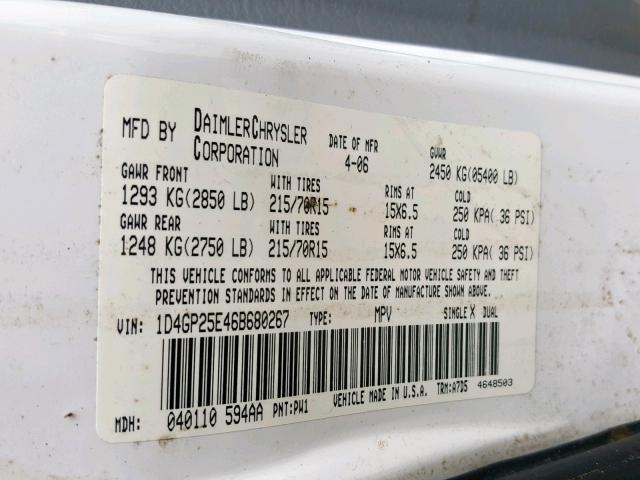 1D4GP25E46B680267 - 2006 DODGE CARAVAN SE WHITE photo 10