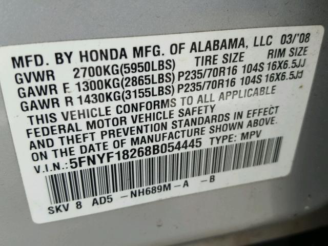 5FNYF18268B054445 - 2008 HONDA PILOT VP SILVER photo 10