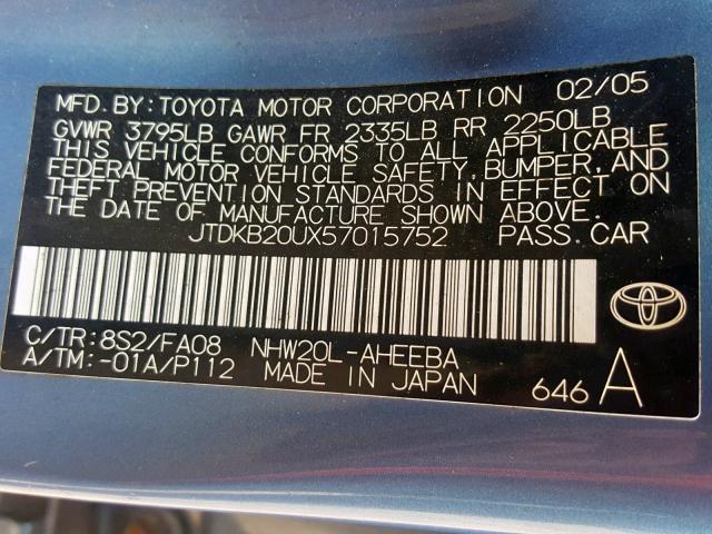 JTDKB20UX57015752 - 2005 TOYOTA PRIUS BLUE photo 10