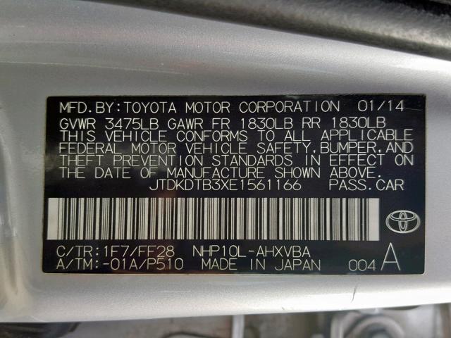 JTDKDTB3XE1561166 - 2014 TOYOTA PRIUS C SILVER photo 10