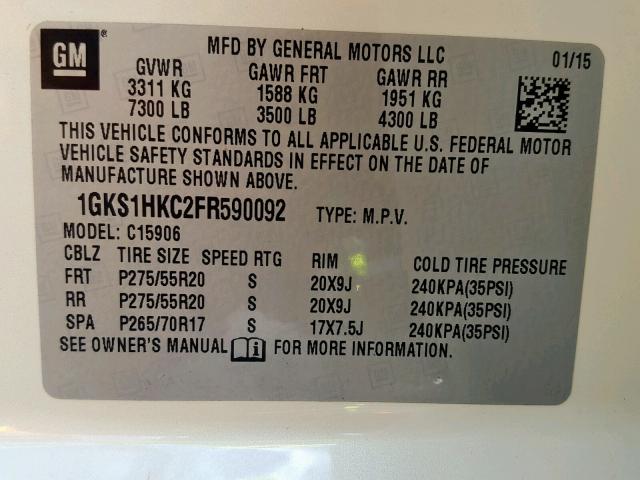 1GKS1HKC2FR590092 - 2015 GMC YUKON XL C WHITE photo 10