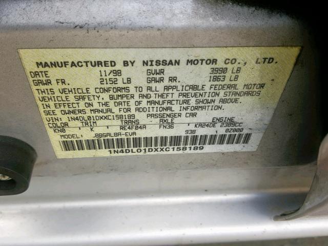 1N4DL01DXXC158189 - 1999 NISSAN ALTIMA XE SILVER photo 10