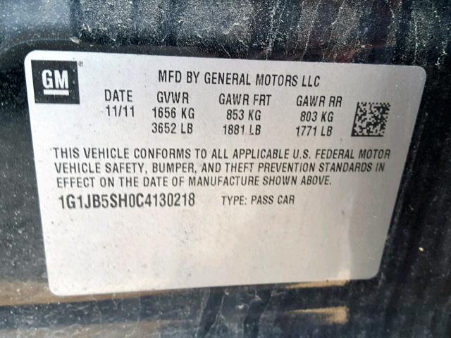 1G1JB5SH0C4130218 - 2012 CHEVROLET SONIC LS BLACK photo 10