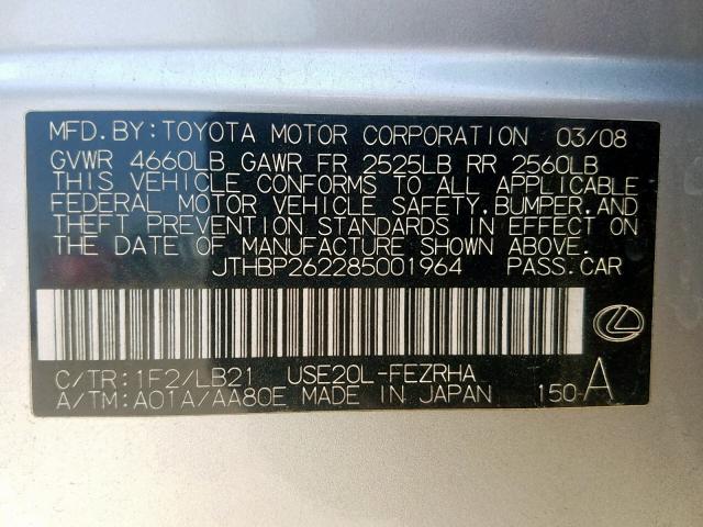 JTHBP262285001964 - 2008 LEXUS IS-F GRAY photo 10