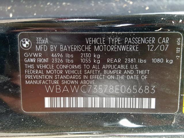 WBAWC73578E065683 - 2008 BMW 335 XI BLACK photo 10