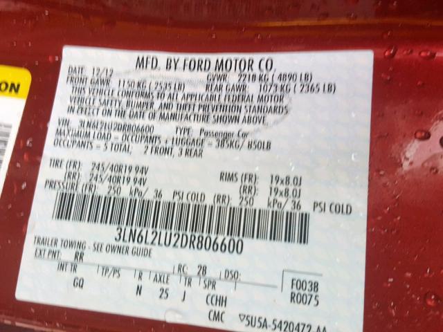 3LN6L2LU2DR806600 - 2013 LINCOLN MKZ HYBRID RED photo 10