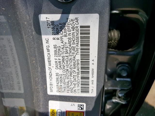 1HGCV1F68JA075915 - 2018 HONDA ACCORD EXL SILVER photo 10