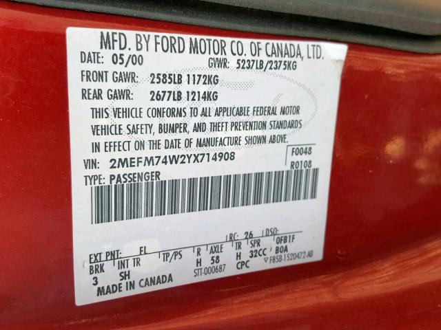 2MEFM74W2YX714908 - 2000 MERCURY GRAND MARQ RED photo 10