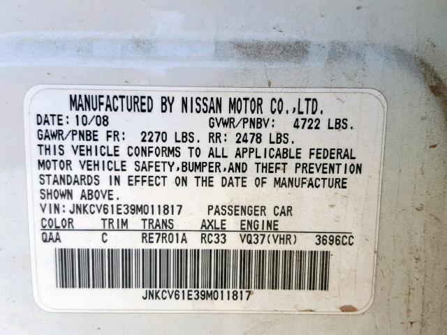 JNKCV61E39M011817 - 2009 INFINITI G37 BASE WHITE photo 10