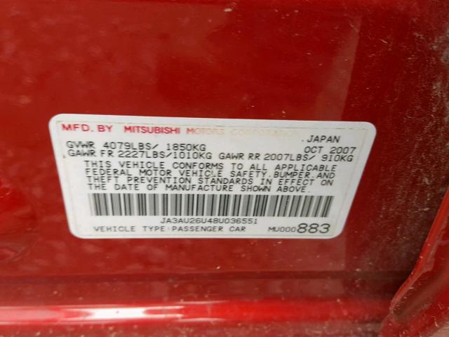 JA3AU26U48U036551 - 2008 MITSUBISHI LANCER ES RED photo 10