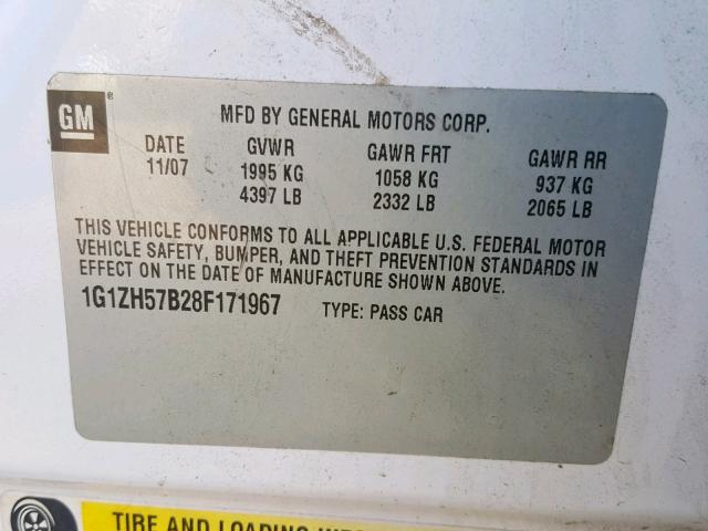 1G1ZH57B28F171967 - 2008 CHEVROLET MALIBU 1LT 白色 照片 10