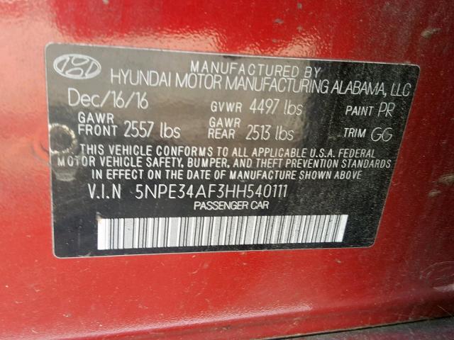 5NPE34AF3HH540111 - 2017 HYUNDAI SONATA SPO RED photo 10