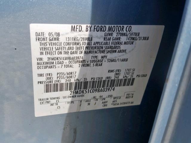 2FMDK51C09BA03974 - 2009 FORD FLEX SE BLUE photo 10