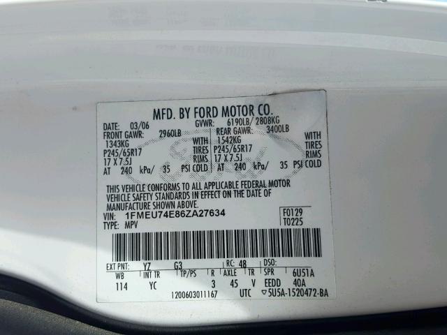 1FMEU74E86ZA27634 - 2006 FORD EXPLORER E WHITE photo 10