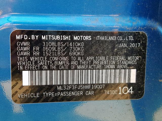 ML32F3FJ5HHF19007 - 2017 MITSUBISHI MIRAGE G4 BLUE photo 10