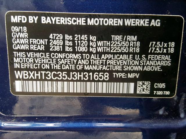 WBXHT3C35J3H31658 - 2018 BMW X1 XDRIVE2 BLUE photo 10