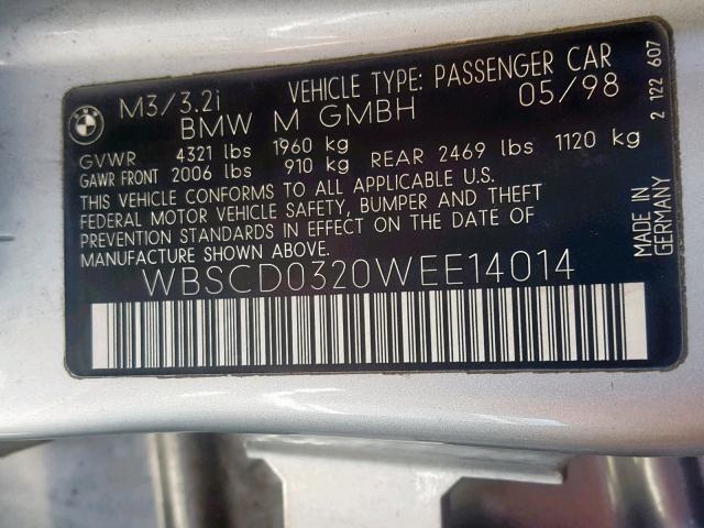 WBSCD0320WEE14014 - 1998 BMW M3 AUTOMAT SILVER photo 10