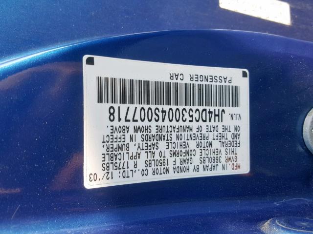 JH4DC53004S007718 - 2004 ACURA RSX TYPE-S BLUE photo 10