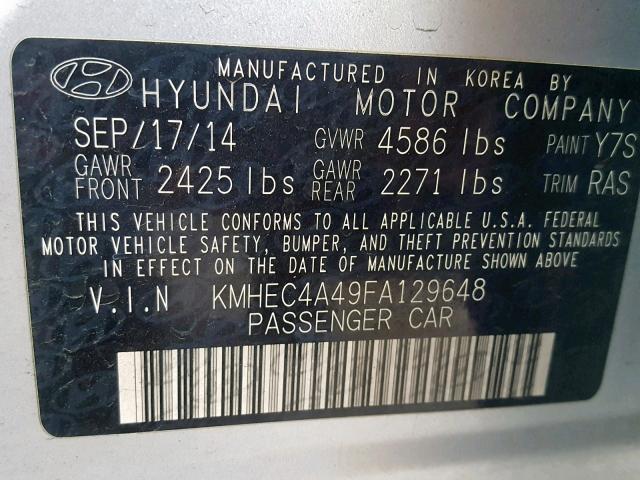 KMHEC4A49FA129648 - 2015 HYUNDAI SONATA HYB SILVER photo 10